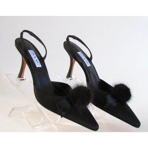 Isaac Designer Black Satin Bow/Mink Pompoms Designer Slingbacks Size 8.M